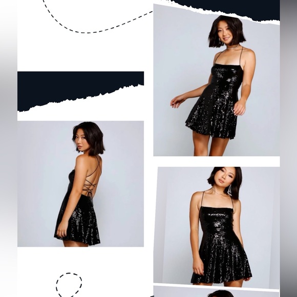 Windsor Black Sequin spaghetti Strappy Skater Party Mini Dress sz M Like New - Picture 1 of 17